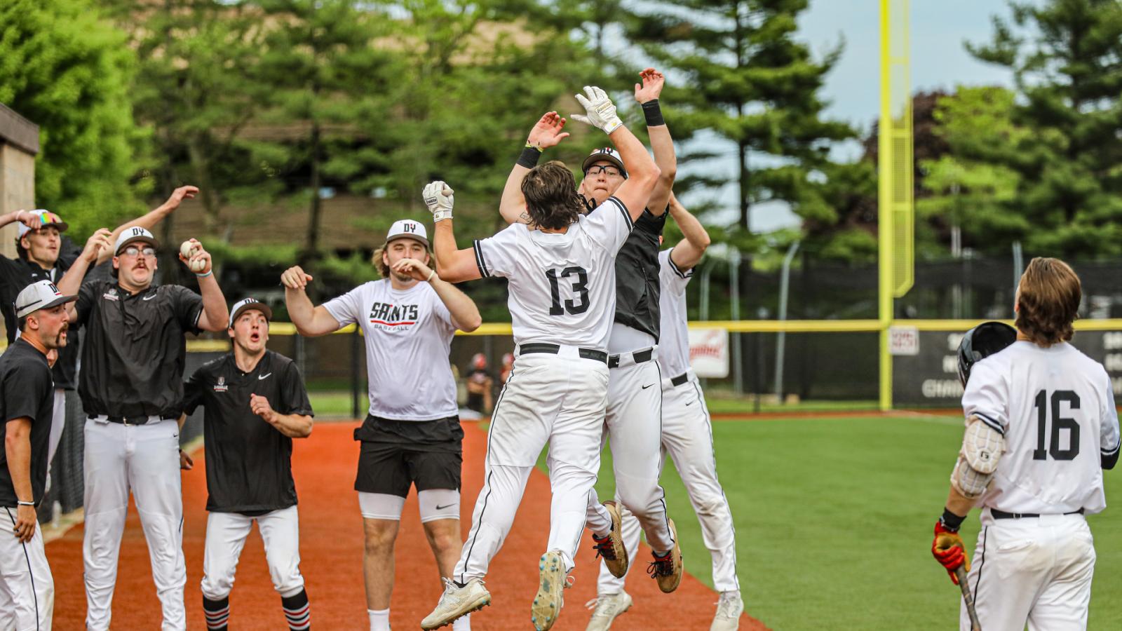 D'Youville University baseball team celebrates after game 2 win of the ECC Championship