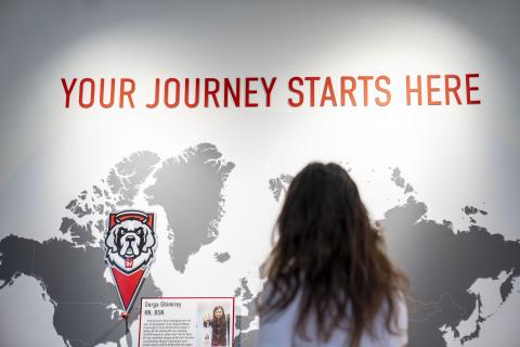 Woman stands with her back to the camera looking at a mural of a world map. Sign above the map reads: Your Journey Starts Here.