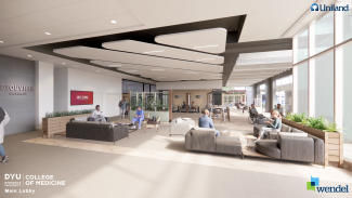 Rendering of a modern office building lobby.