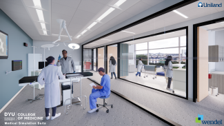 Large room separated into multiple suites with large sliding glass doors