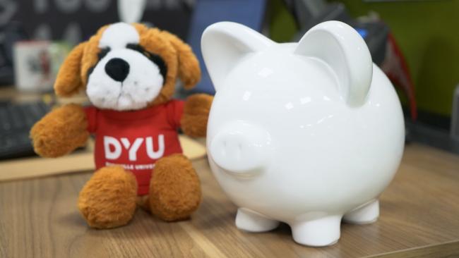 a ceramic piggy bank sitting on a table next to a stuffed st. bernard with a DYU shirt