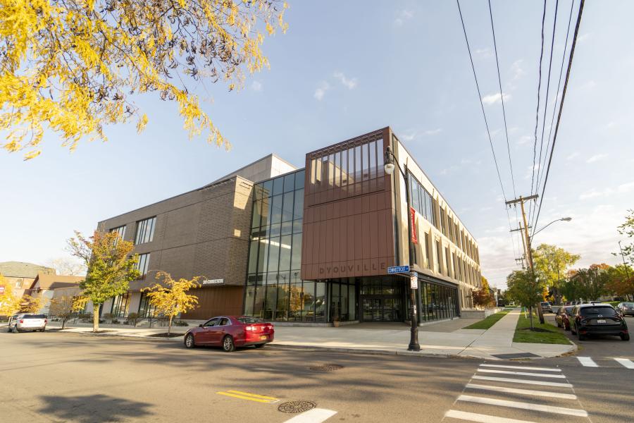 Exterior photo of the Health Professions Hub from Connecticut Street.