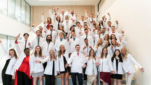 Dyouville University Physical Therapy White Coat Group Photo Cheering